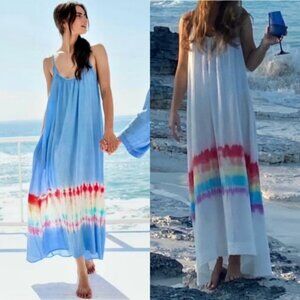 9Seed Tulum Prism Rainbow Tie Dye Cotton Cover Up Maxi Dress One Size